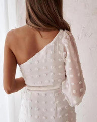 Hoobd Summer New Women's Clothing European and American White Sloping Shoulder Bag Hip Fashion Sexy Split Puff Sleeve Dress