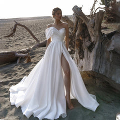 Custom Made Bridal Satin Wedding Gowns Runched One Shoulder 2022 Vestido Novia A Line Wedding Dresses Long Train