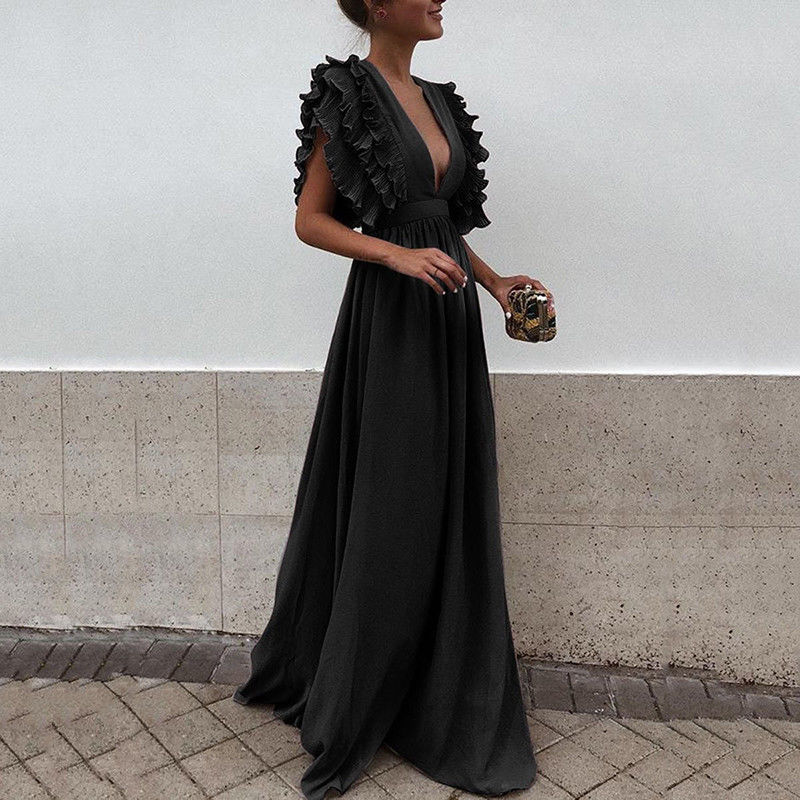 Hoobd Formal Party  Dress Women Deep V-Neck Long Dress Elegant Flying Sleeves Backless Maxi Evening Dresses Robe De Soiree