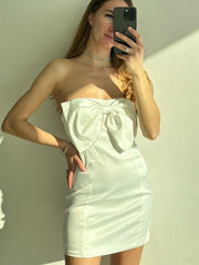 Suninheart Sexy Satin Strapless White Bodycon Dress