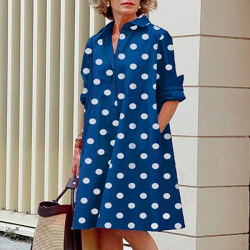Hoobd Retro Ladies Polka Dot Single Breasted A-line Dress Fashion Street Pocket Polo Neck Dress Spring Elegant Long Sleeve Party Dress