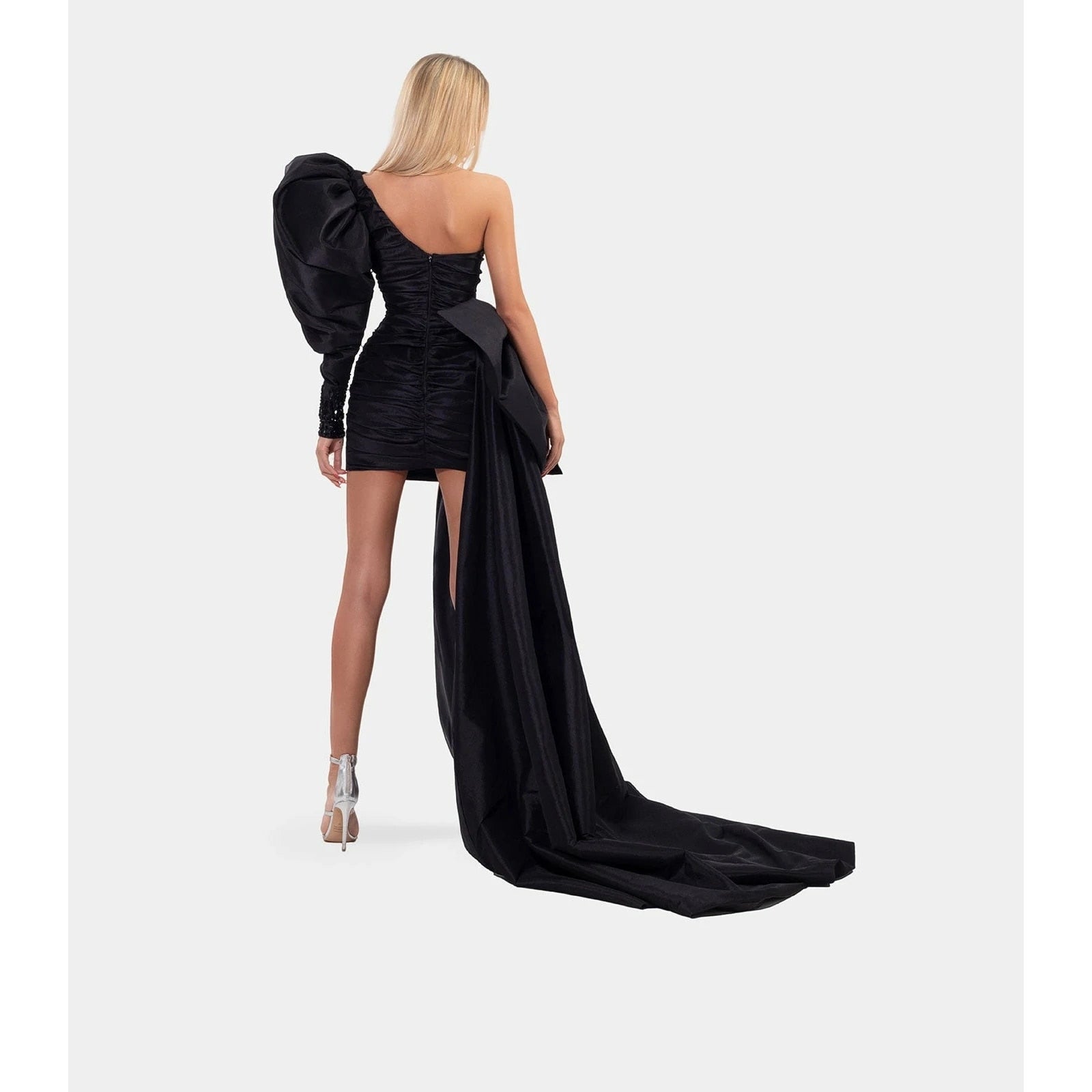 Hoobd High End Black Mini Sheath Evening Dresses With Ribbon One Shoulder Puff Sleeves Sexy Short Prom Gowns Beaded Formal Dress