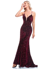 Deep V Neck Burgundy Sequin Evening Dress Sexy Suspenders Party Maxi Dress Mermaid Long Prom Dresses For Women 2023