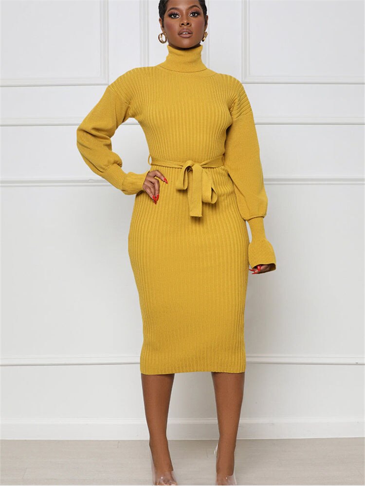 Long Black Sweater Dress Outfit Winter Female Turtleneck Solid Knit Sweater Bandage Midi Dresses Long Sleeve Casual Club Party Long Dress Women Autumn Winter