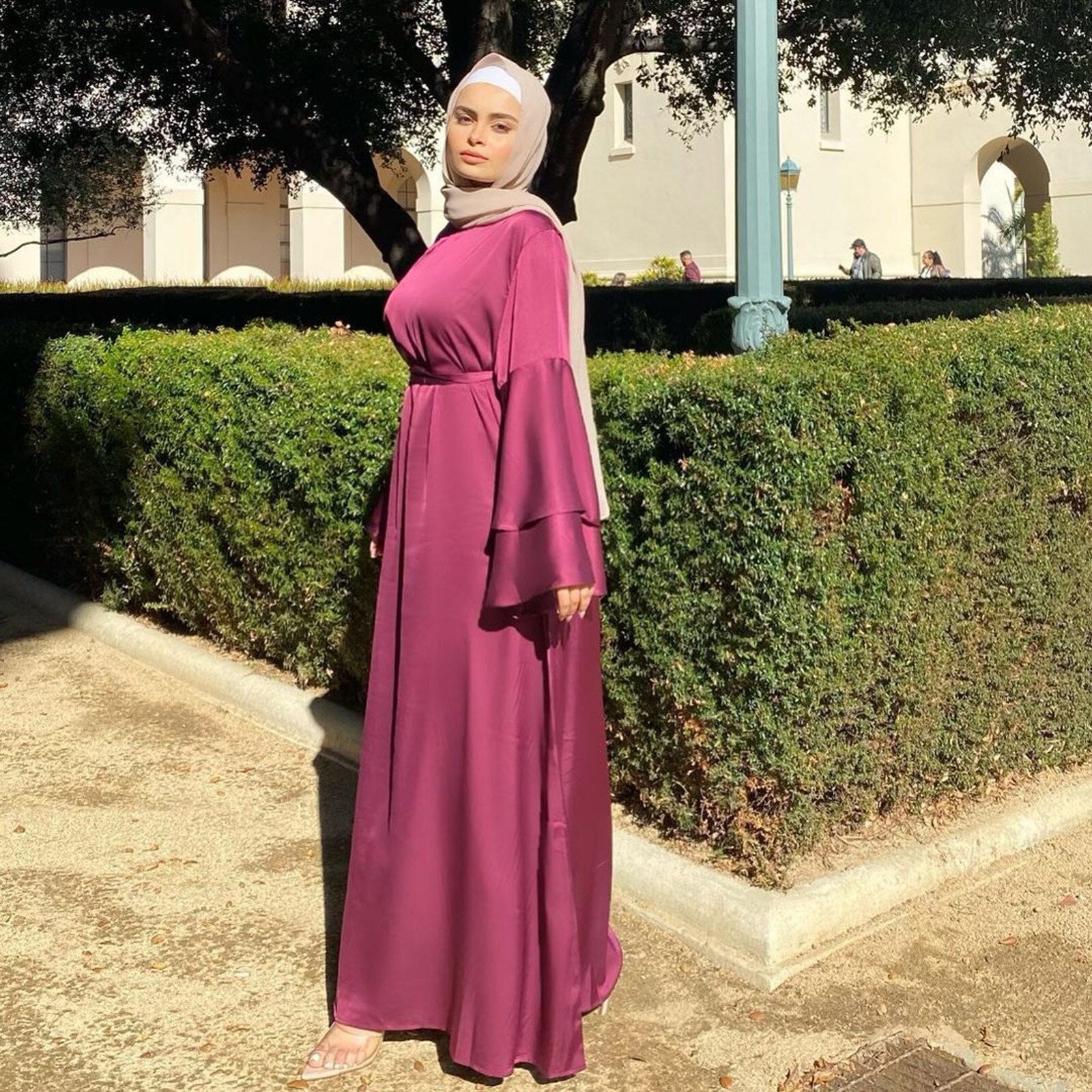 Solid Long Satin Ramadan Muslim Clothes Long Sleeve Dress