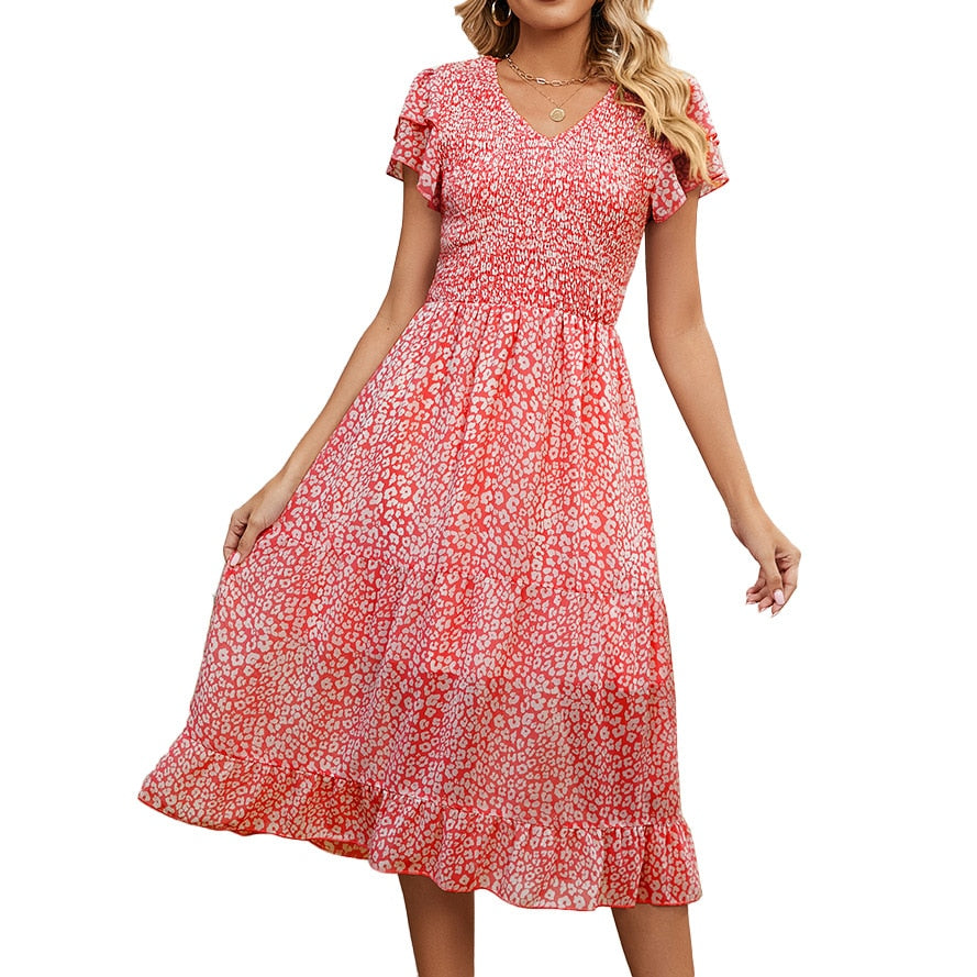 2023 Summer V-Neck Pleated Printed Chiffon Patchwork Waist-Tied Dress for Women