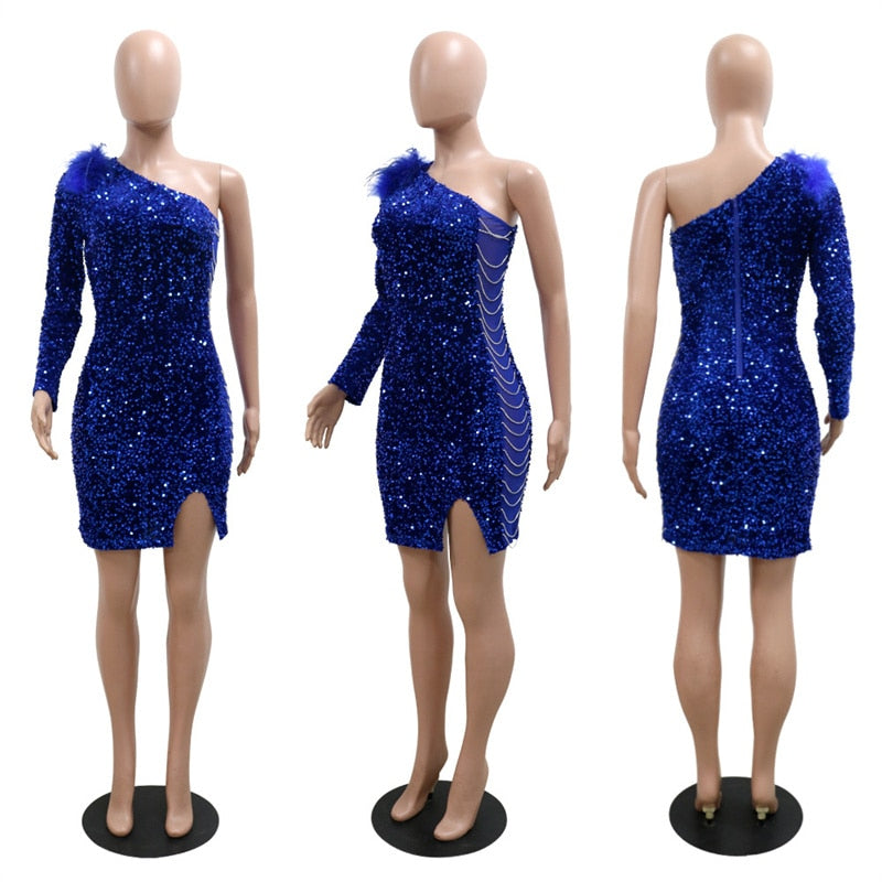 Zoctuo Party Dress For Women Feather Sequins Dresses Sexy One Shoulder Long Sleeve Mesh Patchwork Club Diamonds Chain Vestidos