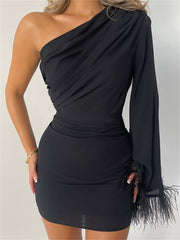 Elegant One-Shoulder Black Dress Sexy Long Sleeve Women Evening Club Night Vestidos With Fur Feather Mini Dresses 2023 New
