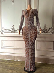 Hoobd Gray White Full Rhinestones Evening Long Sleeves Dress Birthday Celebrate Stage Wear Performance Dancer Singer Show plus size