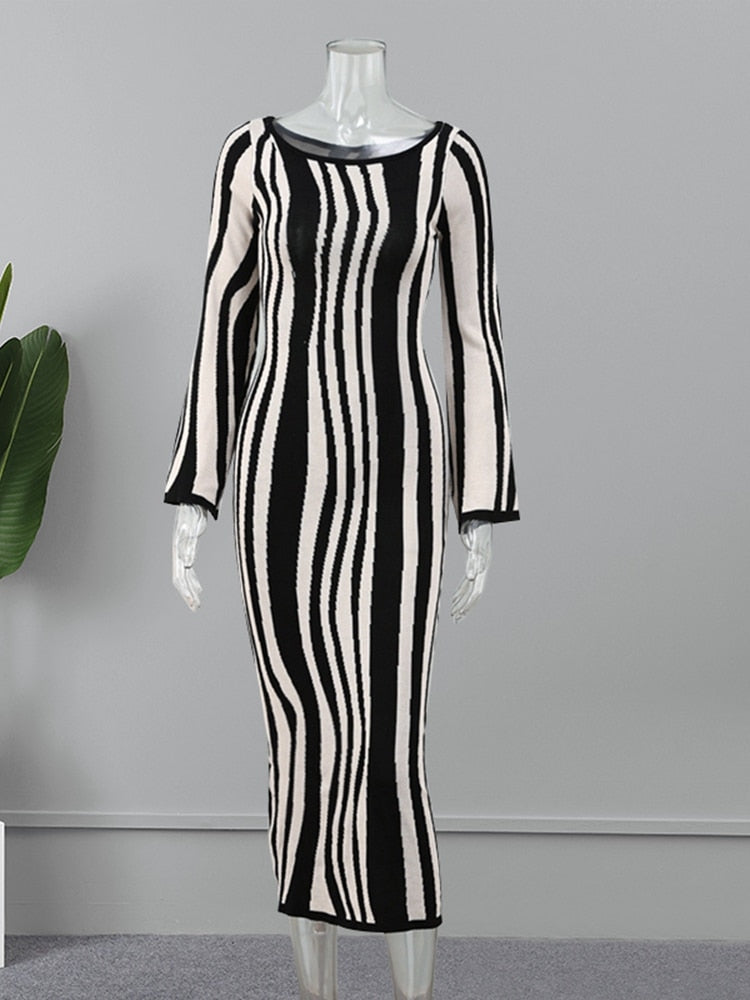 Fashion Leopard Print Women Slim Dress Striped Long Sleeve O Neck High Waist Female Dresses 2023 Spring Wave Party Evening Robe