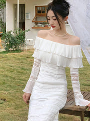 Elegant White Midi Dress Office Lady Long Sleeve Sexy Beach Party Bodycon Dress Women Chic 2023 Summer One Piece Dress Korean