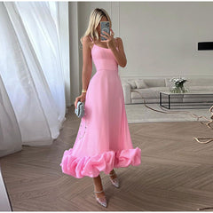 Hoobd Casual Pleated Camisole Dress Women Elegant Sleeveless Backless Long Dresses Fashion Female Banquet Party Robe Vestido