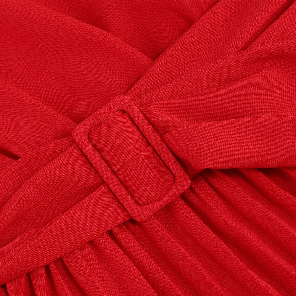 Dress for Women Solid Color V Neck Long Sleeve Slim-fitting Pleated Dress Spring Summer Temperament Elegant Evening Party Skirts