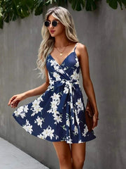 Hoobd Spaghetti Straps Dress Summer Floral Print Suspender Women Dress Floral Print Surplice Front Belted Cami Dress