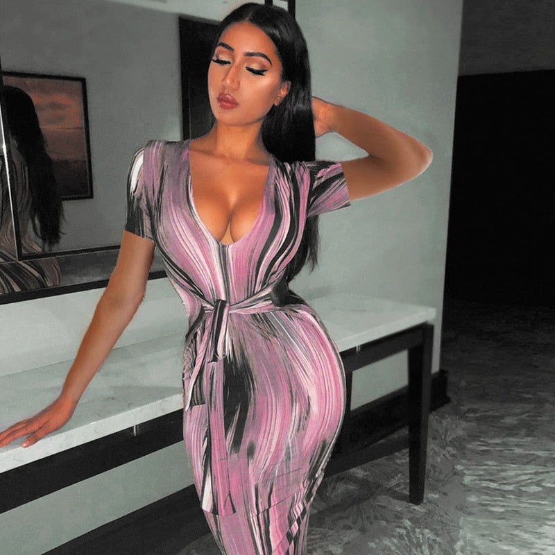 Hoobd Sexy Bandage Dress Waist Illusion Dress 2023 Women V-neck Maxi Dresses Ladies Tie-dye Wave Print Party Dresses Tight Dresses