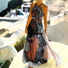 Hoobd graduation outfit ideas 90s latina aesthetic freaknik baseball game tomboy style swaggy going out classic edgy brunch cuteWomen Sexy Off Shoulder Long Dress Summer New Sleeveless Halter Pleated Maxi Party Dress Vintage Print O Neck Female Dress