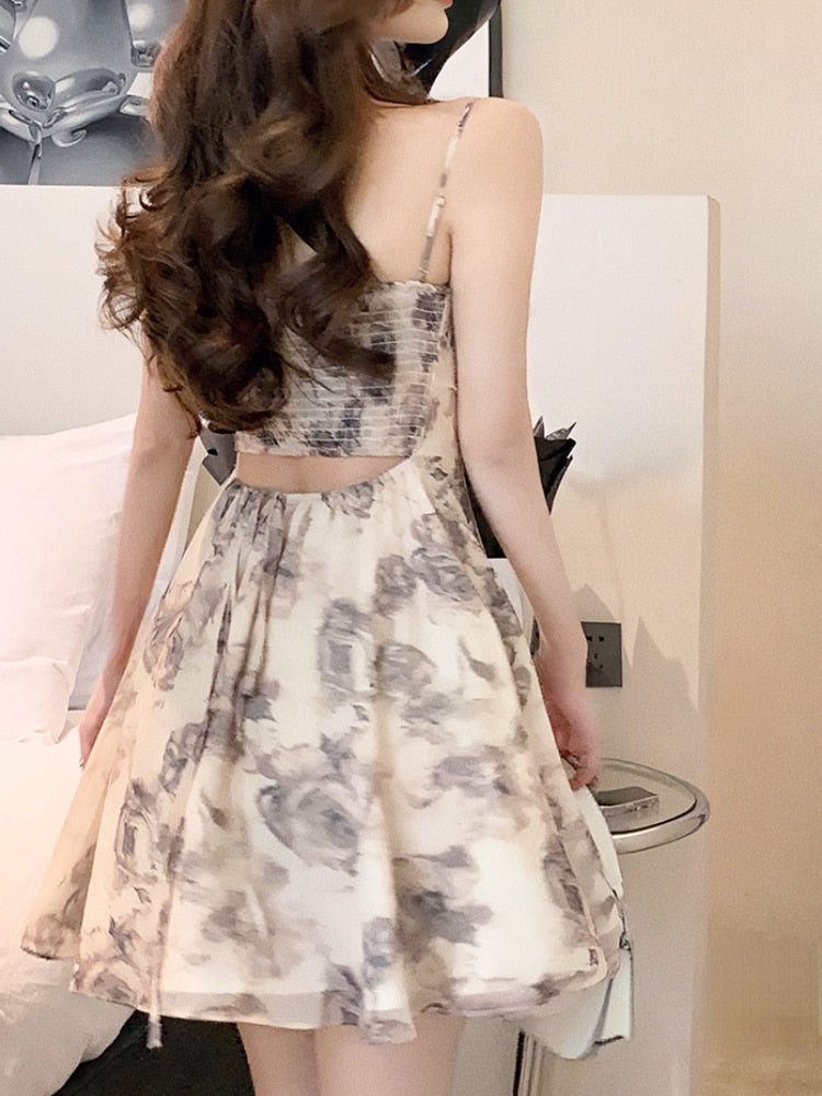 Hoobd Vintage Y2k Mini Dress Women Basic French Floral Party Strap Dress Female Sexy Slim One Piece Dress Korean Fashion 2023 Summer