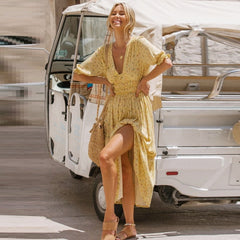 2023 Spring New Long Dress Women's V-neck Split Printing Dress Floral Elastic Waist Sexy Backless Lace-up Dress Mujer Boho Robes