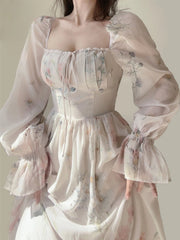 Chiffon Elegant Floral Midi Dress Woman Party Beach Style Long Sleeve Dress Boho One Piece Dress Korean Fashion 2023 Summer