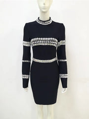 Brand New Women Winter Sexy Turtleneck Beading Long Sleeve Black Mini Bandage Dress  Elegant Evening Club Party Dress