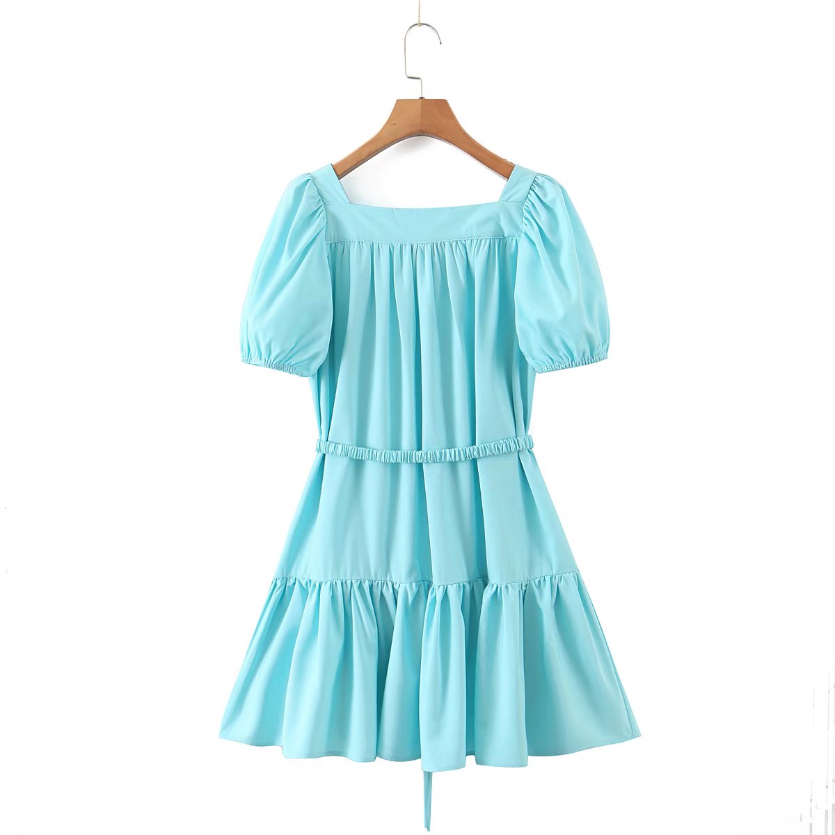 Hoobd New Women Vintage Drawstring Waist Sky Blue Dress Puff Short Sleeve Ladies Holiday Summer Casual Dress Short Vestido
