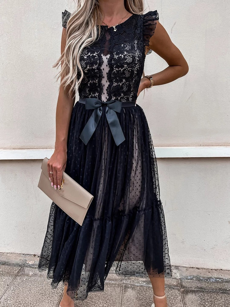 Hoobd Women Elegant V Neck Lace Patchwork Solid Party Dress Sexy Sleeveless Lady Summer Mesh Ruffle Dress Cute Princess Lace-Up Dress