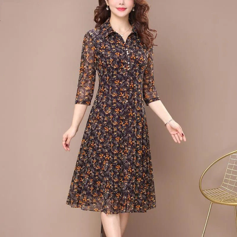 Long Sleeve Dress Women Floral Print Elegant Turndown Collar Summer Female Clothing Slim All-match Casual Button Midi Dress Robe