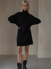 Autumn Knit Loose Turtleneck Maxi Dress Women Ribbed High Waist Fashion Elegant Dress Knitwear Long Sleeve Female Dress