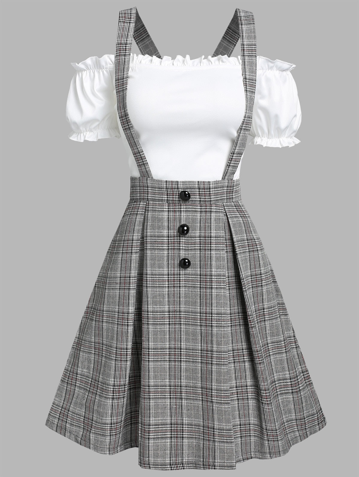 Hoobd Off The Shoulder Tee and Crisscross Plaid Suspender Skirt Set Two Piece Dress Top and Skirt Set