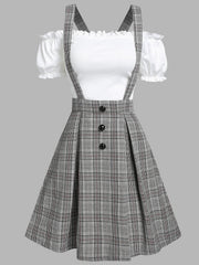 Hoobd Off The Shoulder Tee and Crisscross Plaid Suspender Skirt Set Two Piece Dress Top and Skirt Set