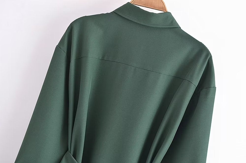 New Women Army Green With Belt Shirt Dress Long Sleeve Lapel Collar Female Autumn Dress Short Vestido