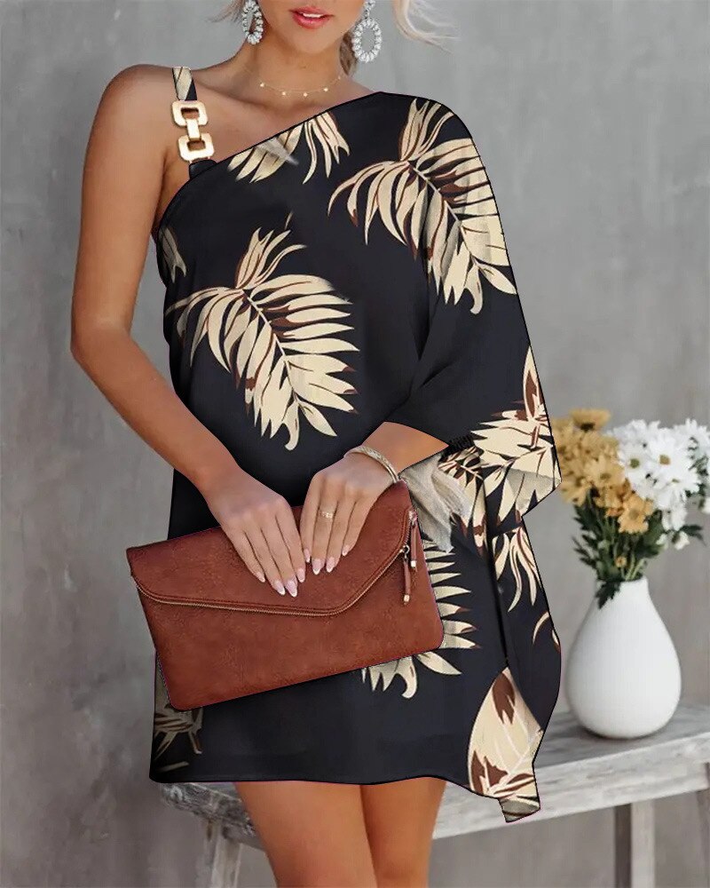 Hoobd Sexy One Shoulder Dress Women 2023 Fashion Printed Loose Office Mini Dresses Casual Straps Batwing Sleeve Beach Party Dresses