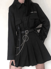 Black Gothic Skirt Pleated Chain Punk Two-piece Suit Loose Long Sleeve Shirt Women Streetwear Harajuku Jk Uniform