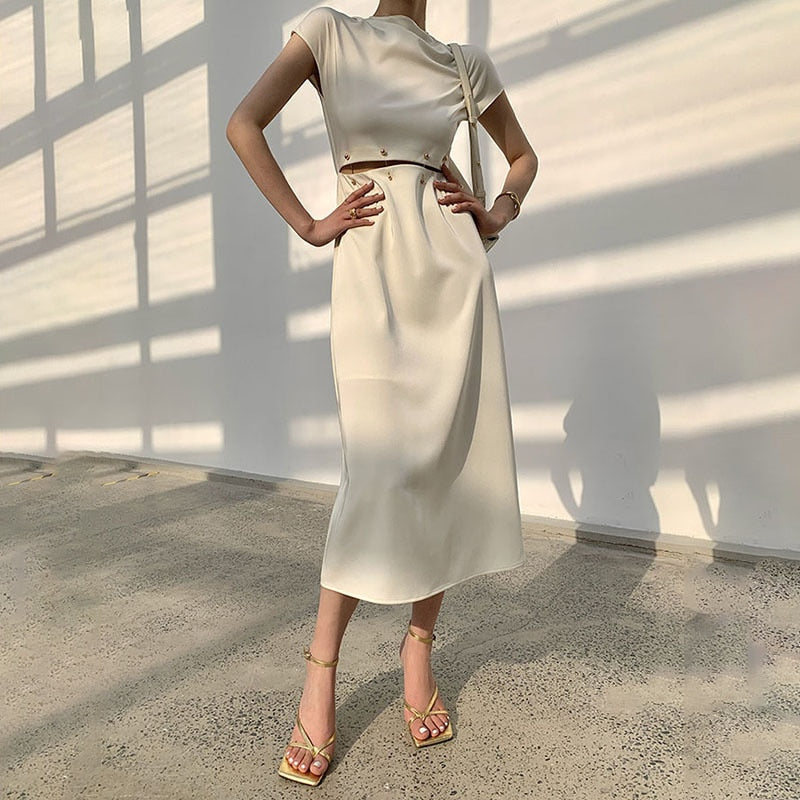 Elegant White Long Dress Female Round Neck Short Sleeve High Waist Cut Out Midi Dresses For Woman Clothing Fashion