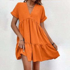 Casual Women Short Sleeve Mini Dress 2023 Spring Summer V-neck Loose Dresses Cute Solid Big Hem Beach Dress Robe De Plage