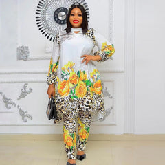 Hoobd2 Piece Set Plus Size Clothes Women Dashiki African 2023 Summer Chiffon Print Tops Pants Trousers Suits Ankara Party Outfits