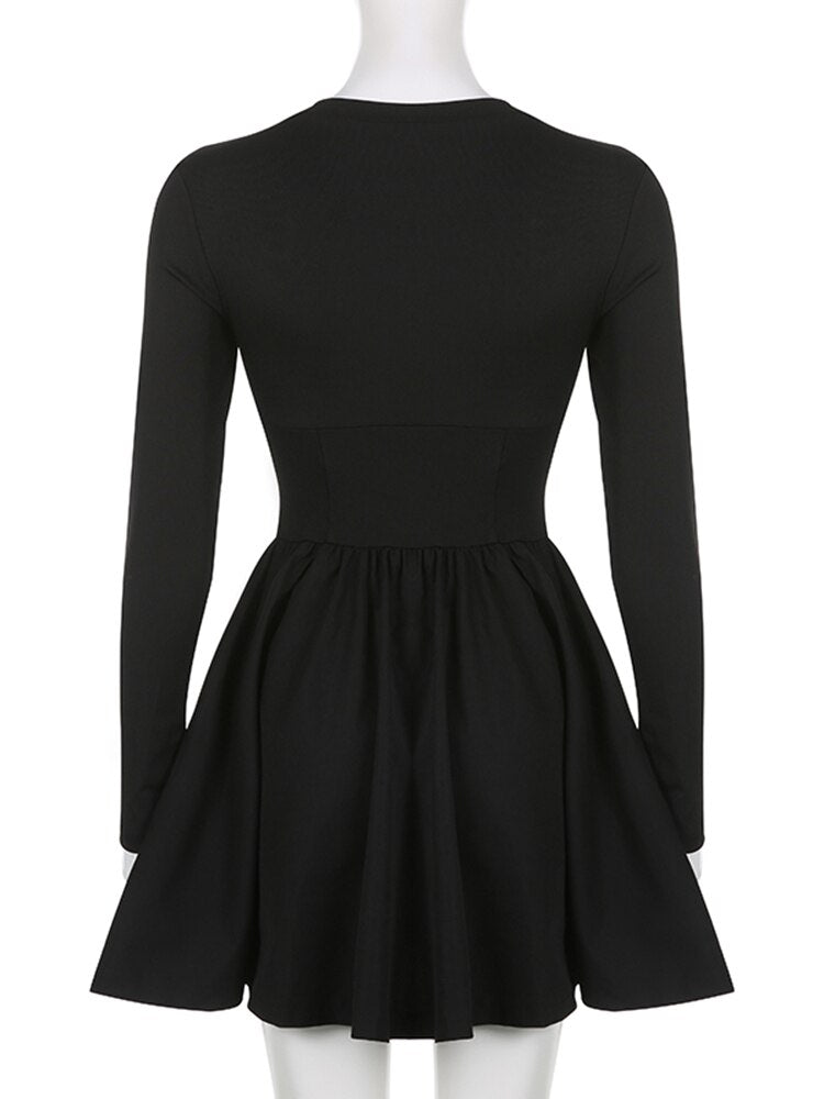 Korean Clothes Long Sleeve Corset Black Dress Female Solid Basic O Neck Fashion Autumn Dress Pleated Slim Elegant New