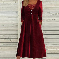Women Square Collar 3/4 Sleeve Pleated Casual Dress Spring Elegant Sequin Splice Velvet Dress Loose Buttons Pocket Hem Dresses