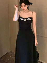 Black Backless Strap Dress Women Sexy Party Elegant Retro Midi Dresses Slim Designer Chic Holiday Casual Hepburn Dress 2023 New
