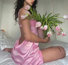 Hoobd pink satin slip dress women pinktuck details mini sexy women dress hollow out back chic ladies dress summer party