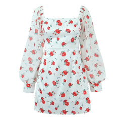 2023 Women French Style Rose Flower Print Satin Dress Vintage Puff Long Sleeve Ladies Holiday Mini Robe