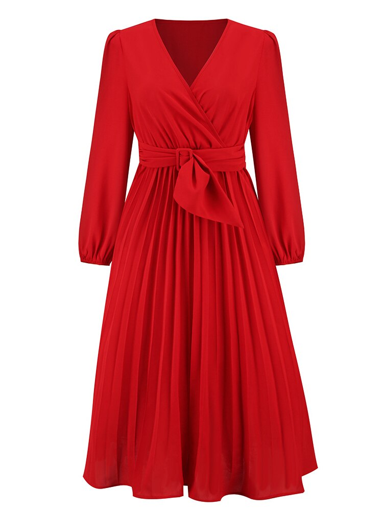 Dress for Women Solid Color V Neck Long Sleeve Slim-fitting Pleated Dress Spring Summer Temperament Elegant Evening Party Skirts