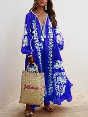 Autumn Dress 2023 New For Women Color Printed Loose V-neck Vestidos Fashion Casual Long Dresses Beach Party Bohemian MsChuh