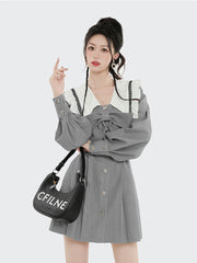 Kawaii Preppy Style Dress Women Bow Belt Elegant Vintage Dresses Puff Sleeve Sailor Collar Long Sleeve Gray Robe Korean