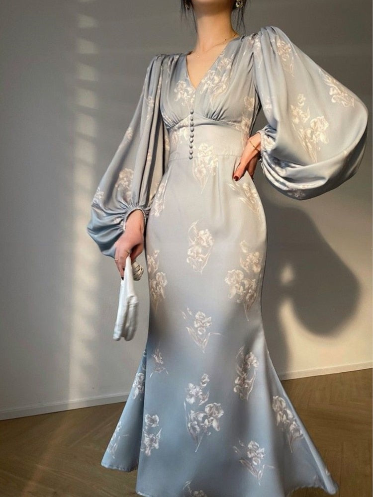 Women Summer New  Printing Elegant Mermaid Dresses Long Sleeve V-neck Slim Midi Dress 2023 Fmeale Clothing
