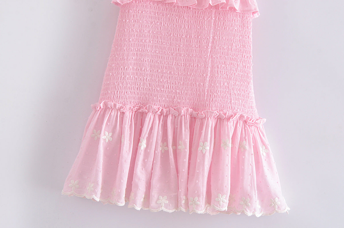 Hoobd High Quality 2023 Summer Pink Short Sleeve Women Ruffled Mini Dress
