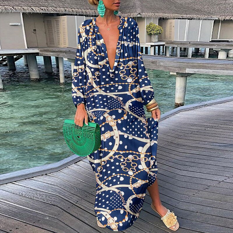 Hoobd Women Elegant V Neck Loose Party Dress Lady Retro Printing Long Sleeve Holiday Dress Autumn Casual Femme Dress Streetwear