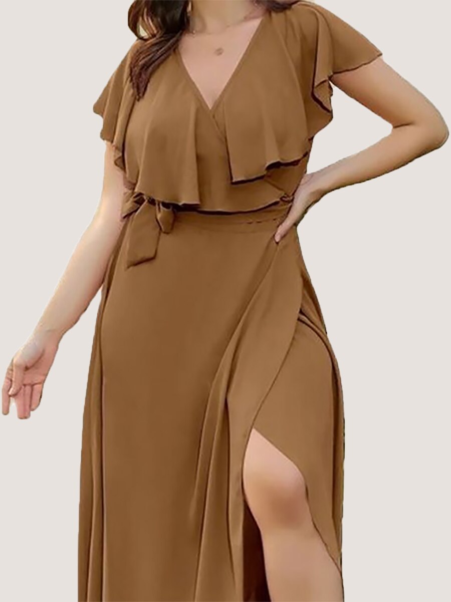 Party Dresses For Women 2023 Plus Size Summer Midi Dress V-Neck Solid Ruffle Sleeve Belted Wrap Dress