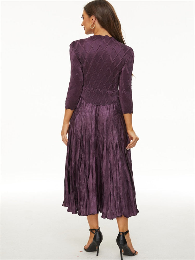 Miyake pleated dress women's spring new fashion O-neck three-quarter sleeve elegant temperament large swing women's dress