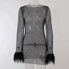 Hoobd Fall Party Dresses For Women Fashion Sexy Feather Patchwork Long Sleeve Mesh Dress Women Autumn See-through Bodycon Package Hip Party Night Club Dresses